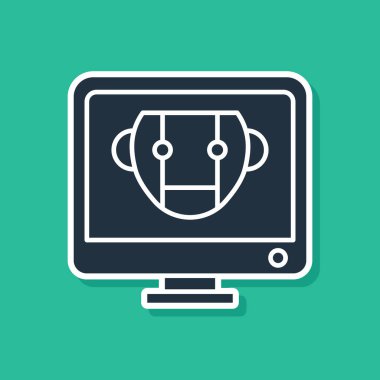 Mavi Bot simgesi yeşil arkaplanda izole edildi. Bilgisayar monitörü ve robot simgesi. Vektör İllüstrasyonu