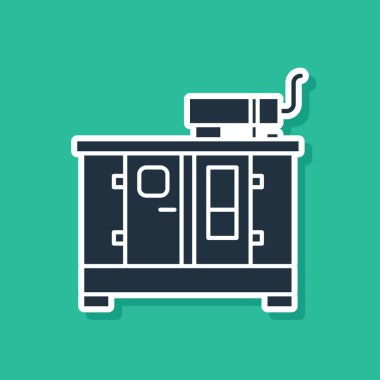 Mavi Diesel güç jeneratörü ikonu yeşil arkaplanda izole edildi. Sanayi ve ev taşınmaz güç jeneratörü. Vektör İllüstrasyonu