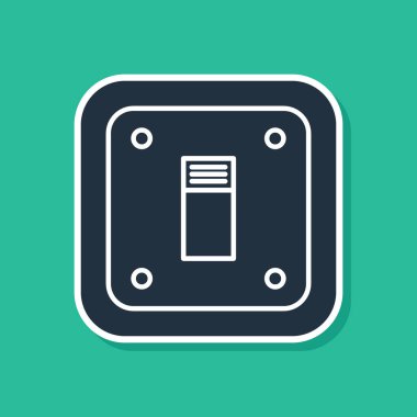 Mavi Elektrik Anahtarı simgesi yeşil arkaplanda izole edildi. Açık ve kapalı simgesi. Loş ışık düğmesi işareti. Enerji tasarrufu kavramı. Vektör İllüstrasyonu