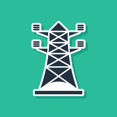 Mavi Elektrik Kulesi yeşil arka planda izole edilmiş bir güç hattı simgesini desteklemek için kullanılır. Yüksek voltajlı elektrik direği hattı. Vektör İllüstrasyonu
