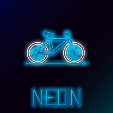 Siyah arkaplanda mavi parlayan neon çizgisi bisiklet simgesi izole edildi. Bisiklet yarışı. Olağanüstü bir spor. Spor malzemeleri. Renkli taslak konsepti. Vektör İllüstrasyonu