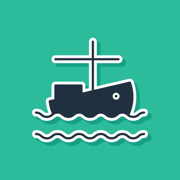 Блакитний рибальський човен на водяному іконі ізольований на зеленому фоні. Векторний приклад — стоковий вектор