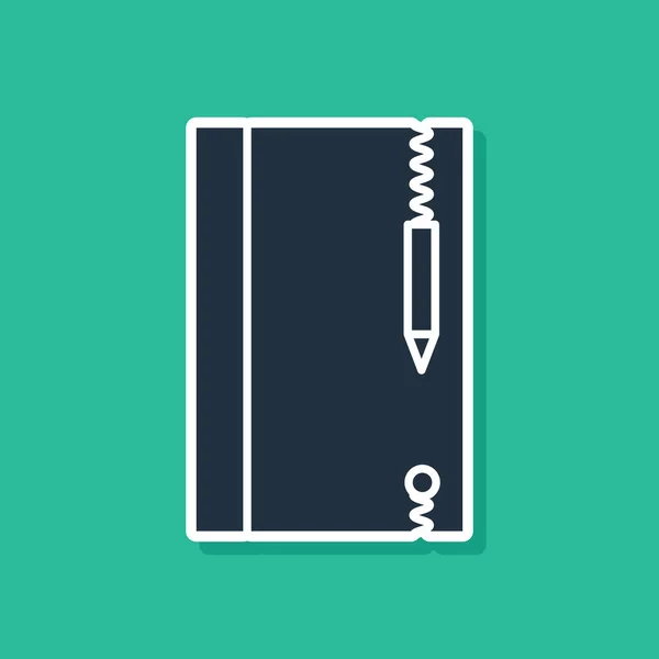 Cuaderno azul submarino y lápiz para esnórquel icono aislado sobre fondo verde. Pizarra para escribir agua o tableta con pluma. Ilustración vectorial — Vector de stock