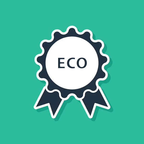Blauwe Banner, label, label, logo voor eco groene gezonde voeding pictogram geïsoleerd op groene achtergrond. Biologisch product. Gezonde voedselsticker. Vector Illustratie — Stockvector