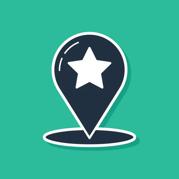 Wskaźnik Blue Map z ikoną gwiazdy na zielonym tle. Gwiazda ulubiona ikona mapy pin. Znaczniki map. Ilustracja wektora — Wektor stockowy