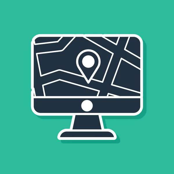 Blue Computer monitor and folded map with location marker icon isolated on green background. Vector Illustration — Stock Vector
