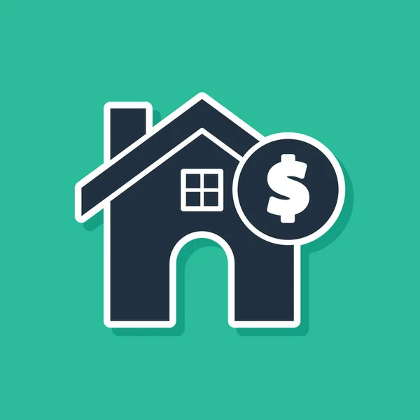 Casa azul con símbolo del dólar icono aislado sobre fondo verde. Hogar y dinero. Concepto inmobiliario. Ilustración vectorial — Archivo Imágenes Vectoriales