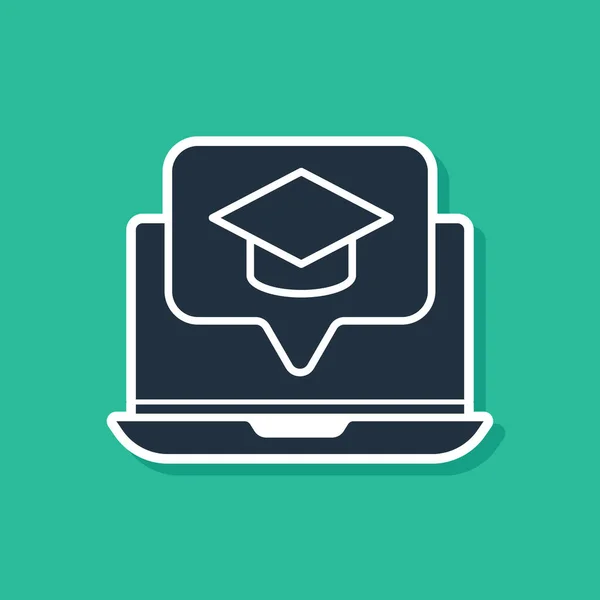 Casquette de graduation bleue sur l'icône de l'ordinateur portable de l'écran isolé sur fond vert. Concept d'apprentissage en ligne ou d'apprentissage en ligne. Illustration vectorielle — Image vectorielle