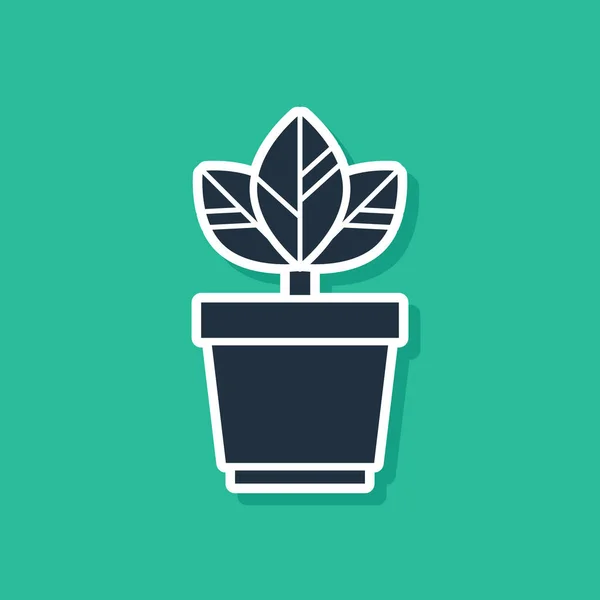 Blå blommor i Pot-ikonen isolerad på grön bakgrund. Växten växer i en kastrull. Kruk växt skylt. Vektor illustration — Stock vektor