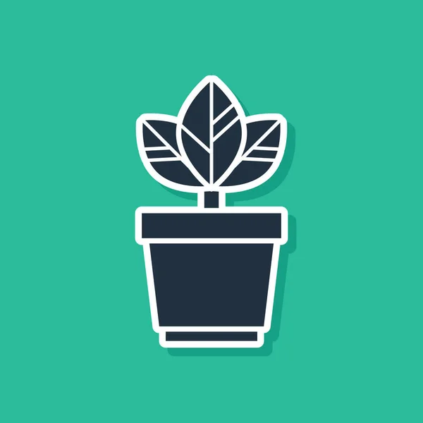 Flores azules en maceta icono aislado sobre fondo verde. Planta creciendo en una maceta. Signo de planta en maceta. Ilustración vectorial — Vector de stock