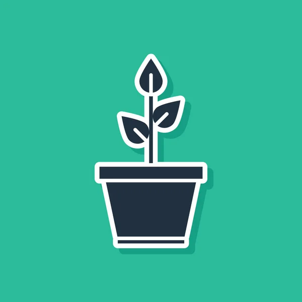 Kék növény pot ikon elszigetelt zöld alapon. Növény nő egy edényben. Cserepes növényjel. Vektorillusztráció — Stock Vector