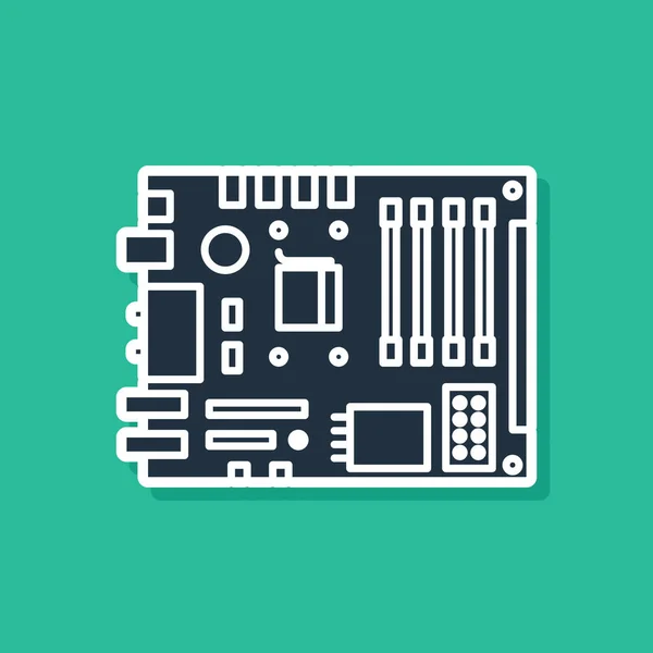 Blue Electronic computer components motherboard chip digital integrado icono de la ciencia aislado sobre fondo verde. Placa de circuito. Ilustración vectorial — Archivo Imágenes Vectoriales