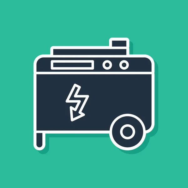 Mavi taşınabilir elektrik jeneratörü ikonu yeşil arka planda izole edildi. Sanayi ve ev taşınmaz güç jeneratörü. Vektör İllüstrasyonu