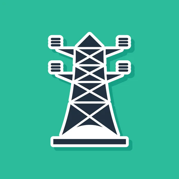 Torre elettrica blu utilizzata per supportare un'icona della linea elettrica aerea isolata su sfondo verde. Linea palo ad alta tensione. Illustrazione vettoriale — Vettoriale Stock