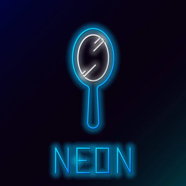Niebieska świecąca neon linia Ręczna ikona lustra odizolowana na czarnym tle. Kolorowy koncept. Ilustracja wektora — Wektor stockowy