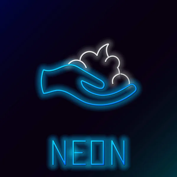 Blue glowing neon line Shaving gel foam on hand icon isolated on black background. Shaving cream. Colorful outline concept. Vector Illustration — ストックベクタ