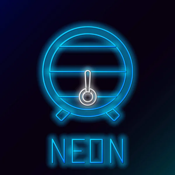 Blue glowing neon line Wooden barrel on rack with stopcock icon isolated on black background. Colorful outline concept. Vector Illustration — ストックベクタ