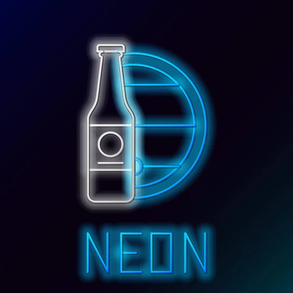 Blauw gloeiende neon lijn Bier fles en houten vat pictogram geïsoleerd op zwarte achtergrond. Kleurrijk concept. Vector Illustratie — Stockvector