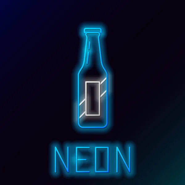 Azul brillante línea de neón icono de la botella de cerveza aislado sobre fondo negro. Concepto de esquema colorido. Ilustración vectorial — Vector de stock