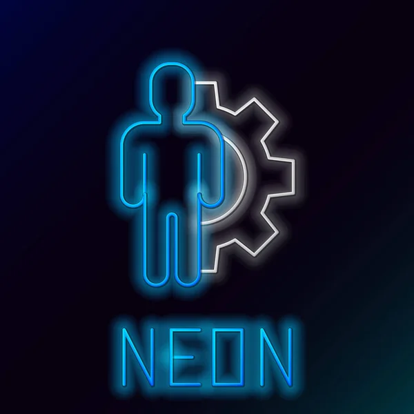 Blue glowing neon line Human with gear inside icon isolated on black background. Artificial intelligence. Thinking brain sign. Symbol work of brain. Colorful outline concept. Vector Illustration — Stock Vector