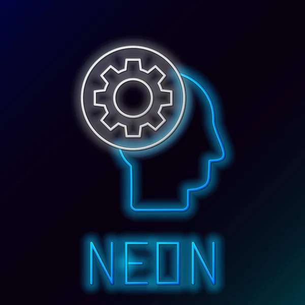 Blue glowing neon line Human head with gear inside icon isolated on black background. Artificial intelligence. Thinking brain sign. Symbol work of brain. Colorful outline concept. Vector Illustration — Stock Vector