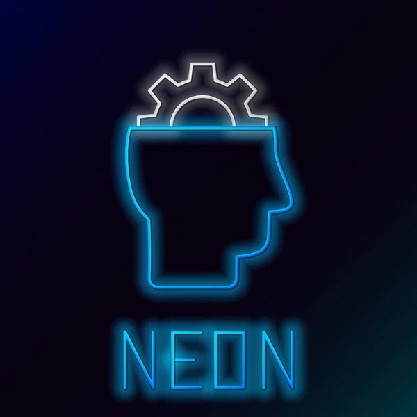 Niebieska świecąca neon linia Człowiek z przekładnią wewnątrz ikony izolowane na czarnym tle. Sztuczna inteligencja. Myślę o oznaczeniu mózgu. Symbol pracy mózgu. Kolorowy koncept. Ilustracja wektora — Wektor stockowy