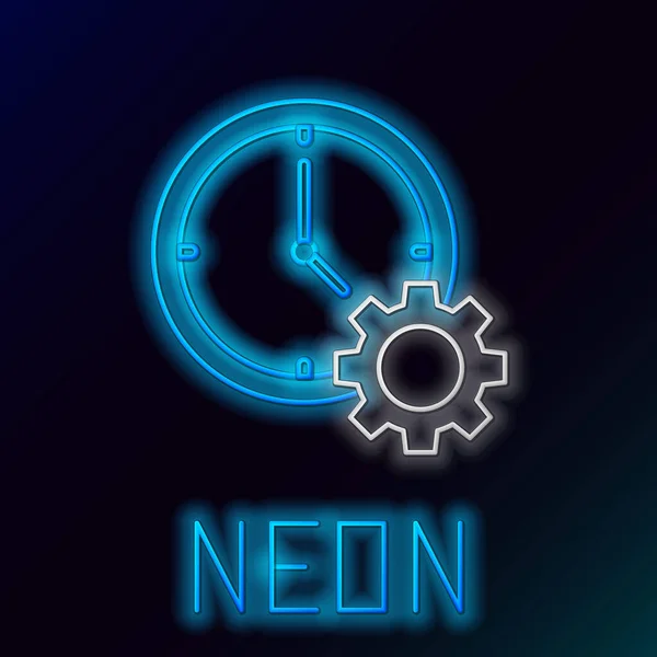 Blauw gloeiende neon line time management icoon geïsoleerd op zwarte achtergrond. Klok en Gear teken. Productiviteits symbool. Kleurrijk overzichts concept. Vector illustratie — Stockvector