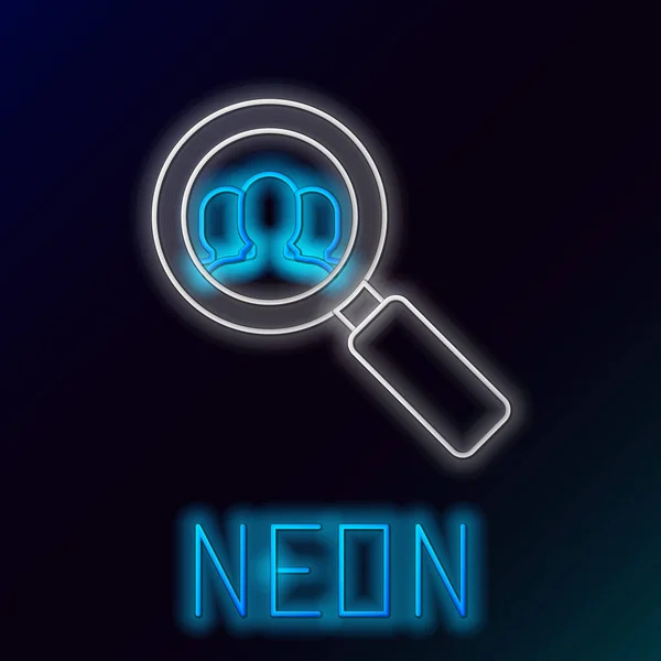 Blue glowing neon line Magnifying glass for search a people icon on black background. Recruitment or selection concept. Search for employees and job. Colorful outline concept. Vector Illustration — Stock Vector