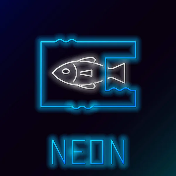 Blau leuchtende Neon Line Stop Ozean Plastikverschmutzung Symbol isoliert auf schwarzem Hintergrund. Umweltschutzkonzept. Fische sagen Nein zu Plastik. Buntes Rahmenkonzept. Vektorillustration — Stockvektor