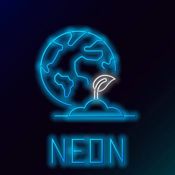 Blue glowing neon line Earth globe and plant icon isolated on black background. World or Earth sign. Geometric shapes. Environmental concept. Colorful outline concept. Vector Illustration — ストックベクタ