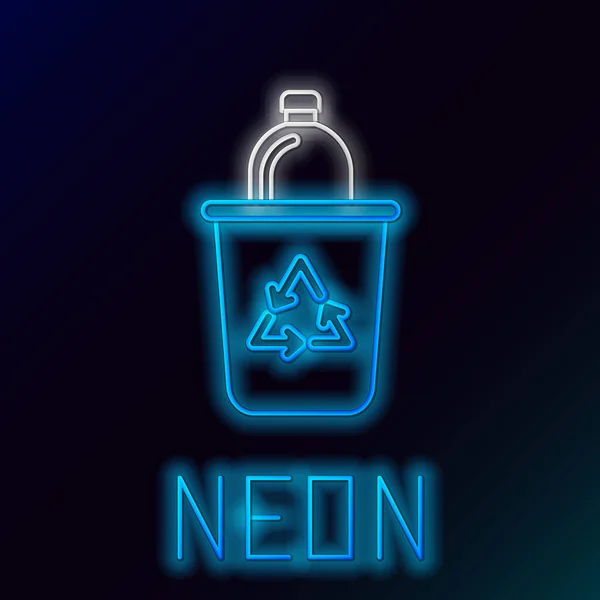 Blauwe gloeiende neon lijn Prullenbak met recycle symbool pictogram geïsoleerd op zwarte achtergrond. Prullenbak icoon. Vuilnisbak bord. Prullenbak bord. Kleurrijk concept. Vector Illustratie — Stockvector