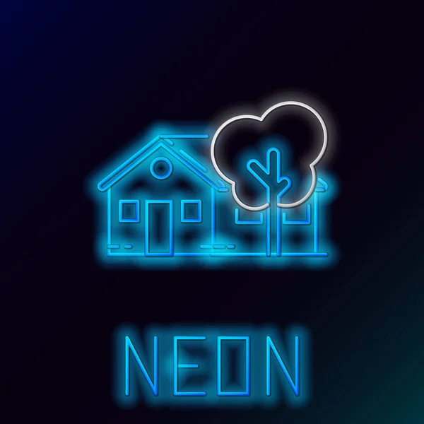 Azul brilhante neon line Eco amigável casa ícone isolado no fundo preto. Eco casa com árvore. Conceito de esboço colorido. Ilustração vetorial — Vetor de Stock