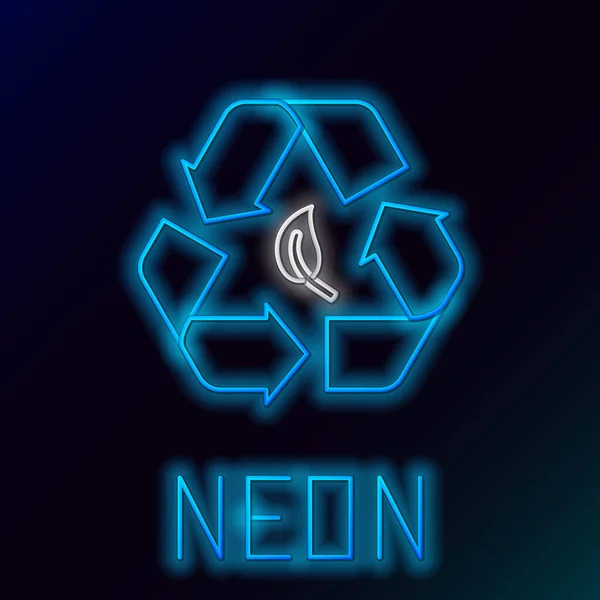 Blau leuchtende Neon Line Recycling-Symbol und Blatt-Symbol isoliert auf schwarzem Hintergrund. Umwelt recyclingfähig go green. Buntes Rahmenkonzept. Vektorillustration — Stockvektor