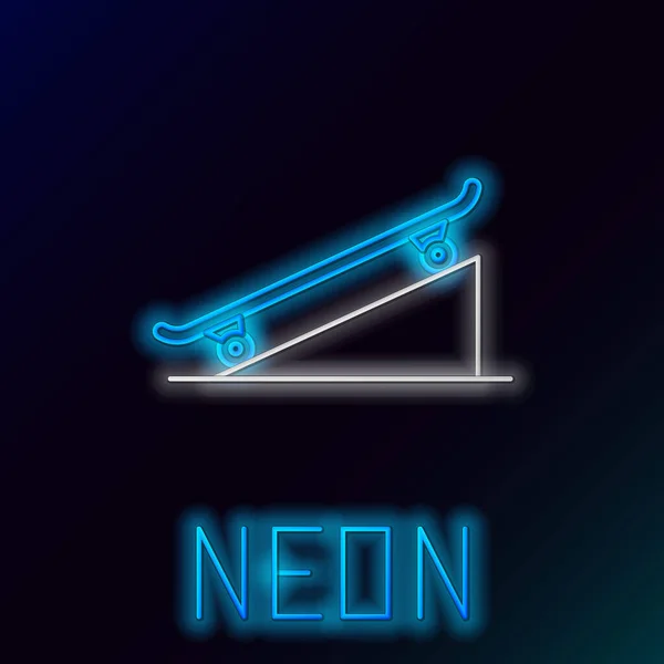 Blue glowing neon line Skateboard on street ramp icon isolated on black background. Extreme sport. Sport equipment. Colorful outline concept. Vector Illustration