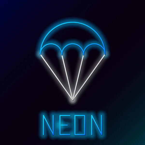 Blauwe gloeiende neon lijn Parachute pictogram geïsoleerd op zwarte achtergrond. Extreme sport. Sportuitrusting. Kleurrijk concept. Vector Illustratie — Stockvector