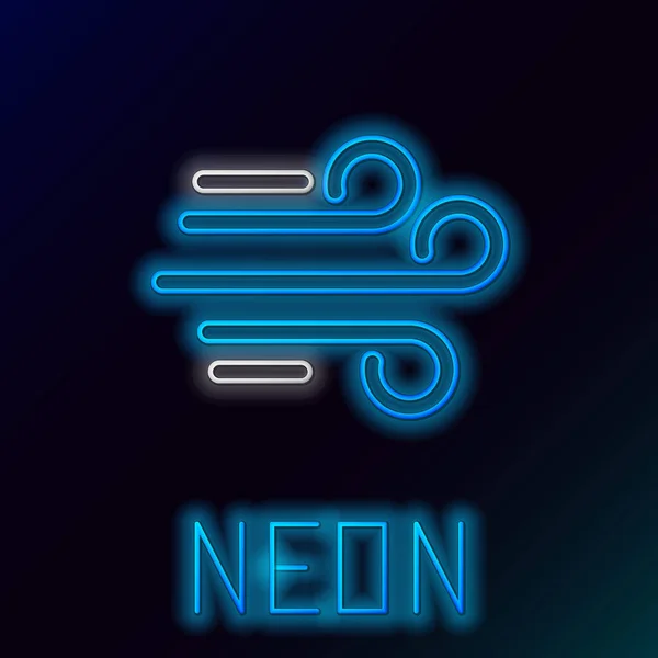 Blauwe gloeiende neon lijn Wind pictogram geïsoleerd op zwarte achtergrond. Winderig weer. Kleurrijk concept. Vector Illustratie — Stockvector