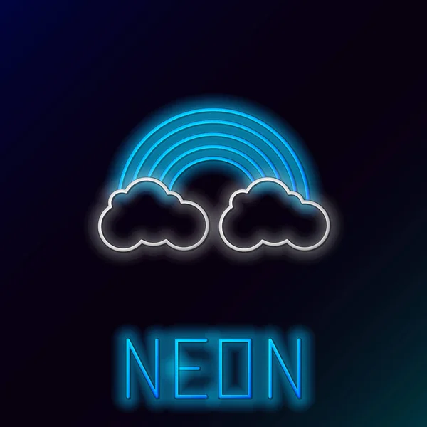 Синя сяюча неонова лінія Веселка з піктограмою хмар ізольована на чорному тлі. Барвиста концепція контуру. Векторна ілюстрація — стоковий вектор