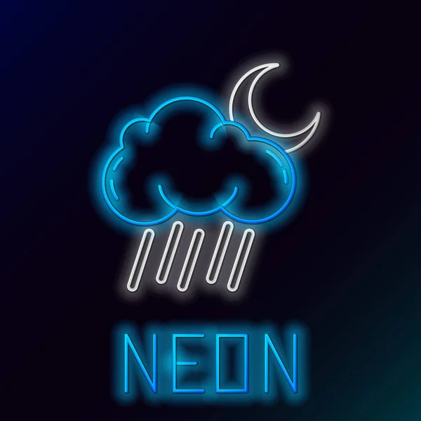 Azul brillante línea de neón Nube con la lluvia y la luna icono aislado sobre fondo negro. precipitación de nubes de lluvia con gotas de lluvia. Concepto de esquema colorido. Ilustración vectorial — Vector de stock