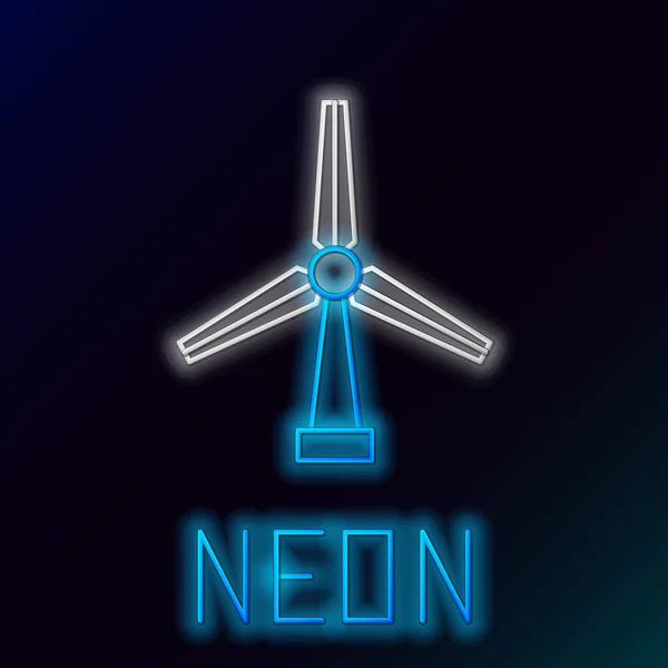 Blaues leuchtendes Neon-Line-Windrad-Symbol isoliert auf schwarzem Hintergrund. Windgenerator-Schild. Windmühle für die Stromerzeugung. Buntes Rahmenkonzept. Vektorillustration — Stockvektor