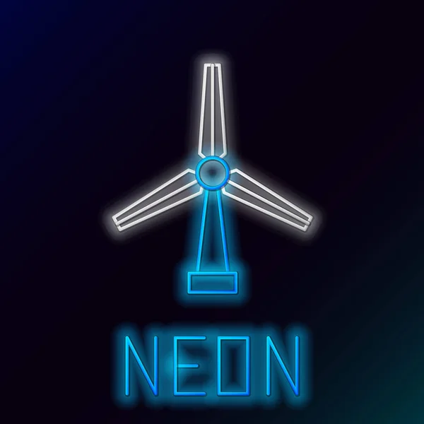 Blue glowing neon line Wind turbine icon isolated on black background. Wind generator sign. Windmill for electric power production. Colorful outline concept. Vector Illustration — Stock Vector