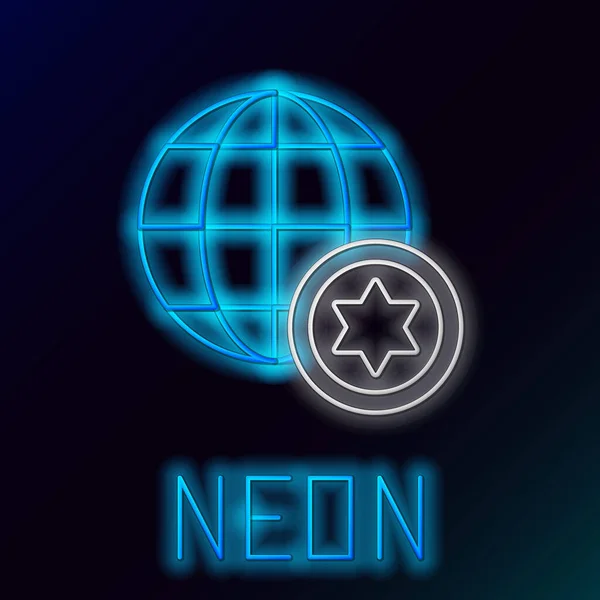Синий светящийся неоновая линия Мировой глобус и икона Израиля изолированы на черном фоне. Красочная концепция контура. Векторная миграция — стоковый вектор