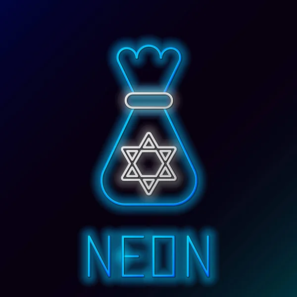 Блакитний сяючий неоновий мішок єврейських грошей з зіркою голубого ікону ізольований на чорному тлі. Валютний символ. Кольорові контури концепцій. Векторний приклад — стоковий вектор