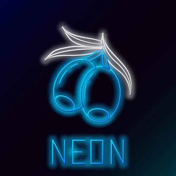 Blauwe gloeiende neon lijn Olijven tak pictogram geïsoleerd op zwarte achtergrond. Kleurrijk concept. Vector Illustratie — Stockvector