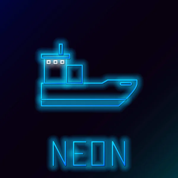 Icono azul brillante de la nave de carga de línea de neón aislado sobre fondo negro. Concepto de esquema colorido. Ilustración vectorial — Vector de stock