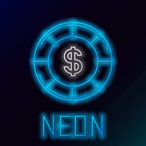 Blå glödande neon linje Kasino chip med dollar symbol ikon isolerad på svart bakgrund. Kasinospel. Färgstarkt skisskoncept. Vektor Illustration — Stock vektor