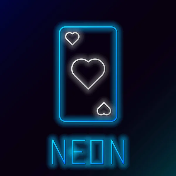 Linea neon blu brillante Carta da gioco con icona simbolo del cuore isolata su sfondo nero. Gioco d'azzardo. Concetto di contorno colorato. Illustrazione vettoriale — Vettoriale Stock