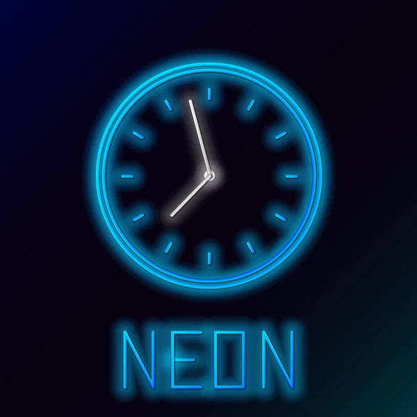 Azul brillante línea de neón icono del reloj aislado sobre fondo negro. Símbolo de tiempo. Concepto de esquema colorido. Ilustración vectorial — Archivo Imágenes Vectoriales