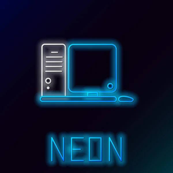 Blue brilhante neon line Monitor de computador com teclado e ícone do mouse isolado no fundo preto. Assinatura do componente do PC. Conceito de esboço colorido. Ilustração vetorial — Vetor de Stock