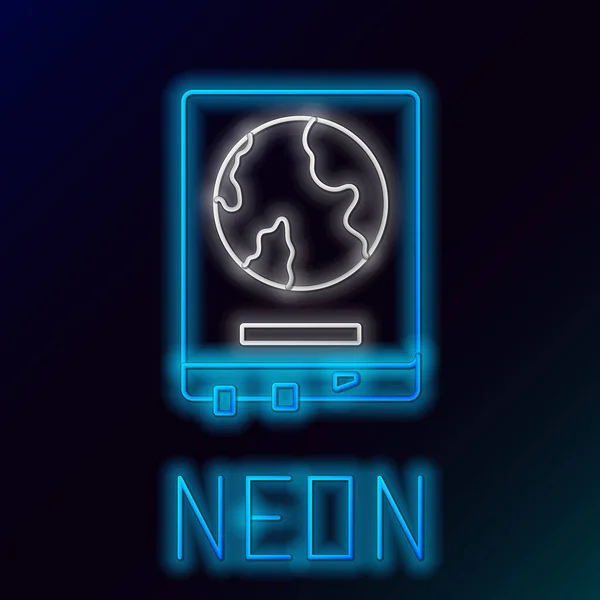 Blauwe gloeiende neon lijn Wereldkaart op een schoolbord pictogram geïsoleerd op zwarte achtergrond. Tekening van de kaart op het schoolbord. Kleurrijk concept. Vector Illustratie — Stockvector