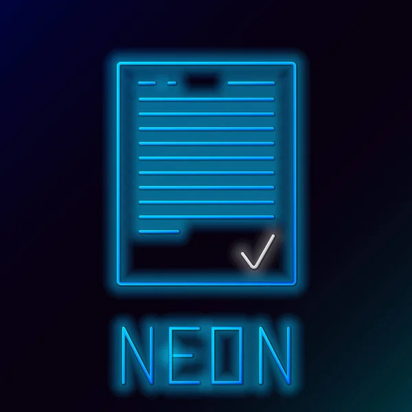 Niebieski świecący neon linii arkusza egzaminu z ikoną znak kontrolny izolowane na czarnym tle. Test papier, egzamin, lub koncepcja badania. Egzamin szkolny. Kolorowy koncept. Ilustracja wektora — Wektor stockowy